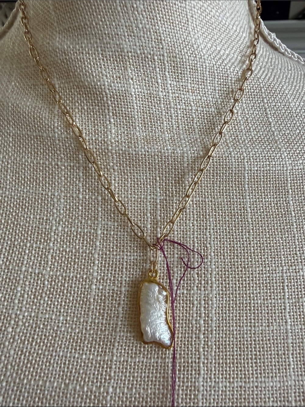 16” Gold Chain Necklace with White Baroque Pearl Pendant